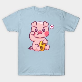 Cute Lucky Pig Holding Gold Coin Cartoon T-Shirt